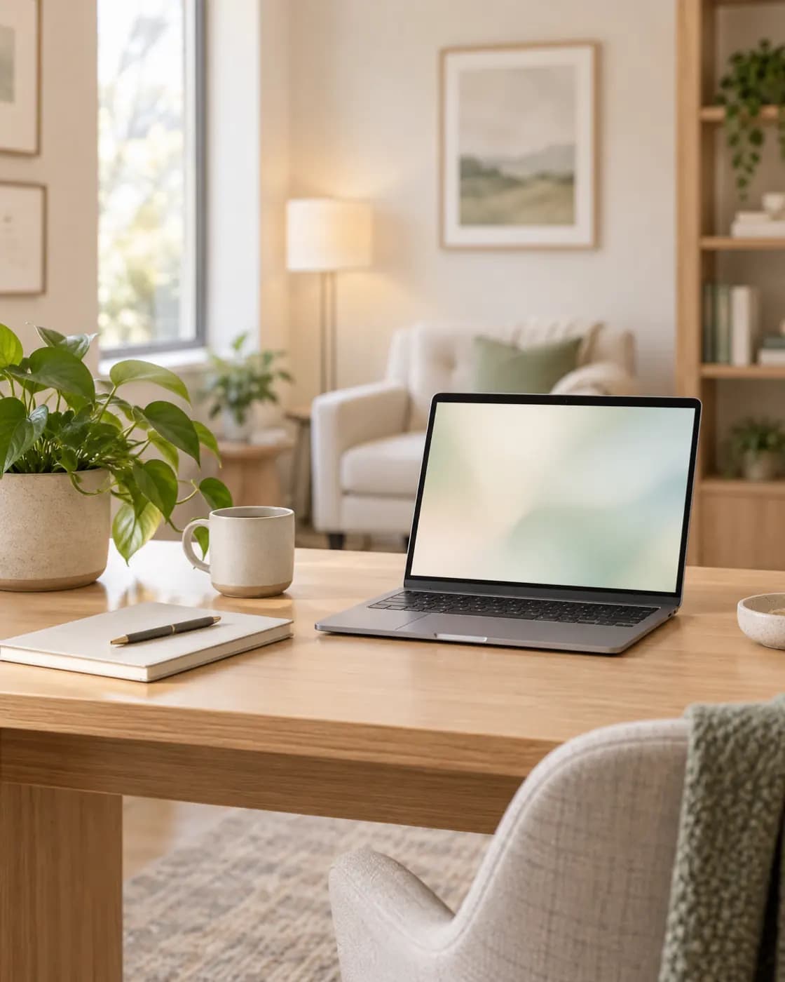 A calm home office with a laptop, a mug, and a notebook ready for a telehealth visit
